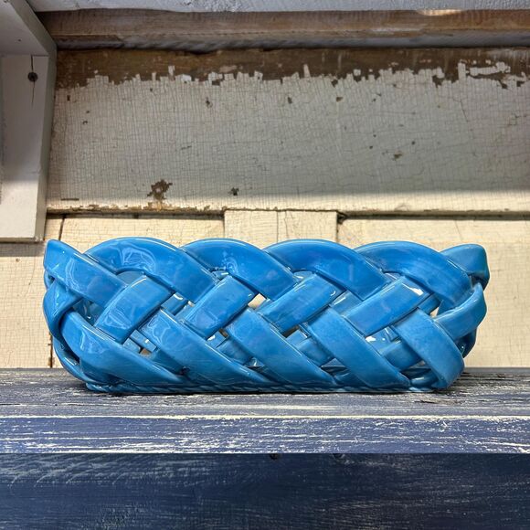 Vintage Primo Gi Italian Ceramic Woven Basket Handcrafted Blue Bread Dish - Picture 1 of 6